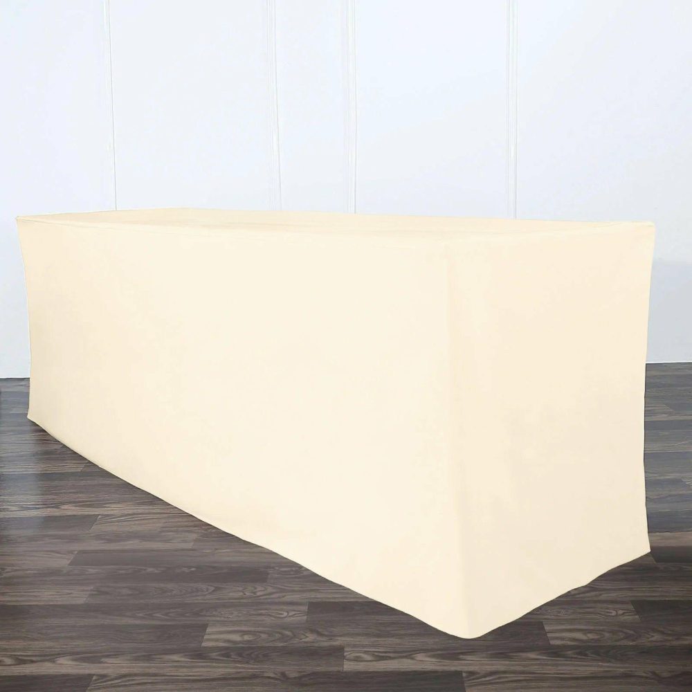 Beige Fitted Polyester Rectangle Tablecloth 8ft Table Cover For 96″x30″ Tables  |   Spandex & Fitted Spandex & Fitted Beige