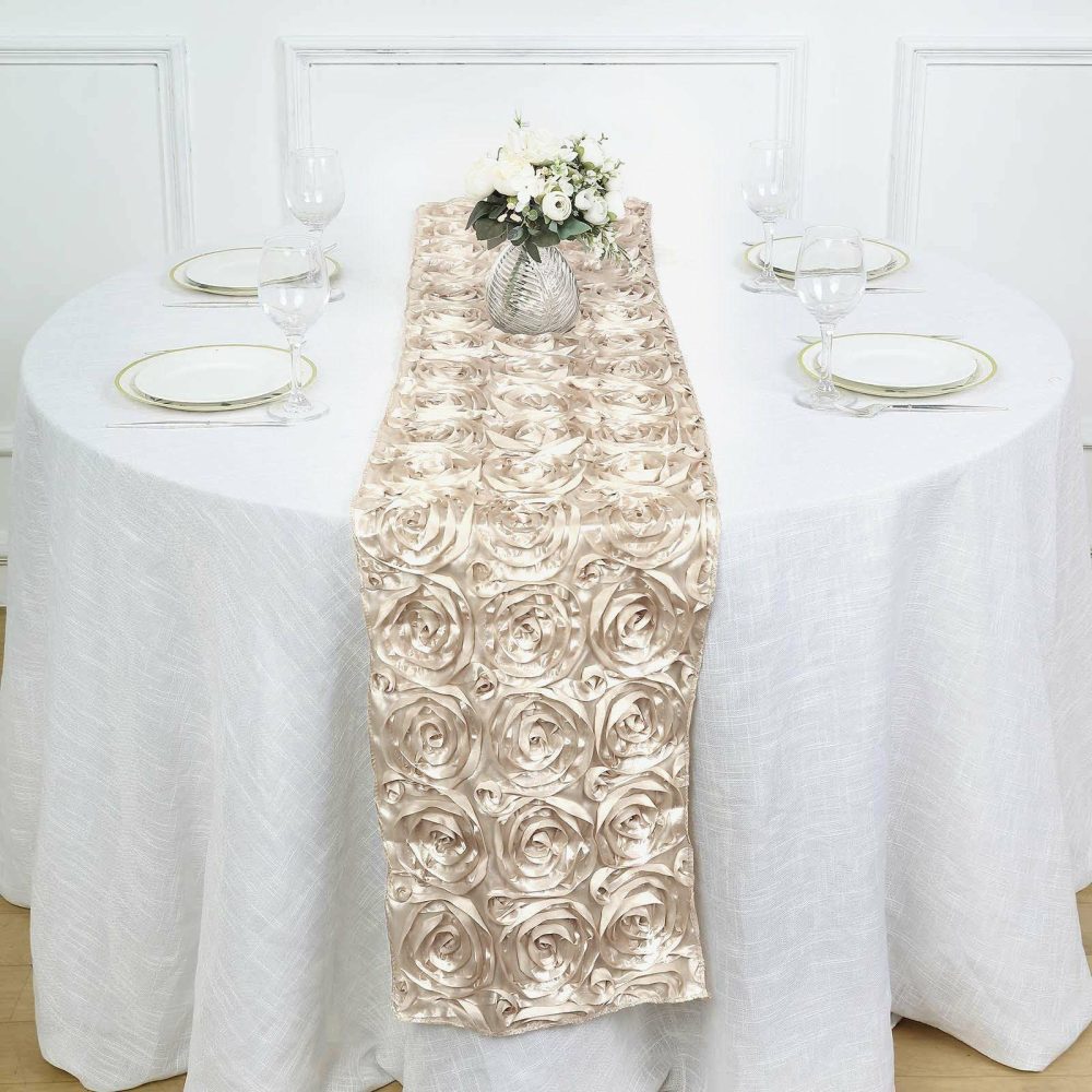 Beige Grandiose 3D Rosette Satin Table Runner 14″x108″  |   Satin & Taffeta Satin & Taffeta Beige