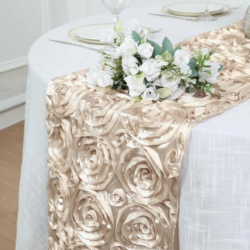 Beige Grandiose 3D Rosette Satin Table Runner 14″x108″  |   Satin & Taffeta Satin & Taffeta Beige