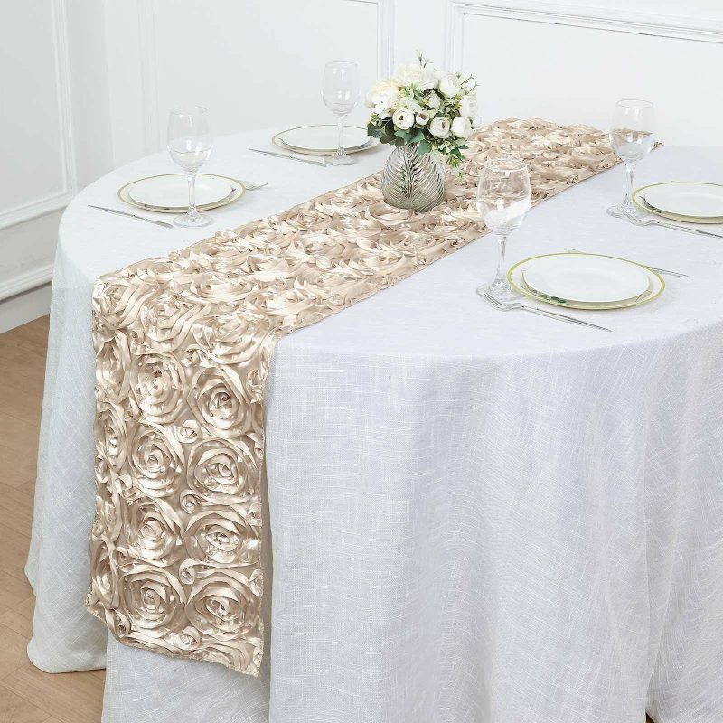 Beige Grandiose 3D Rosette Satin Table Runner 14″x108″  |   Satin & Taffeta Satin & Taffeta Beige