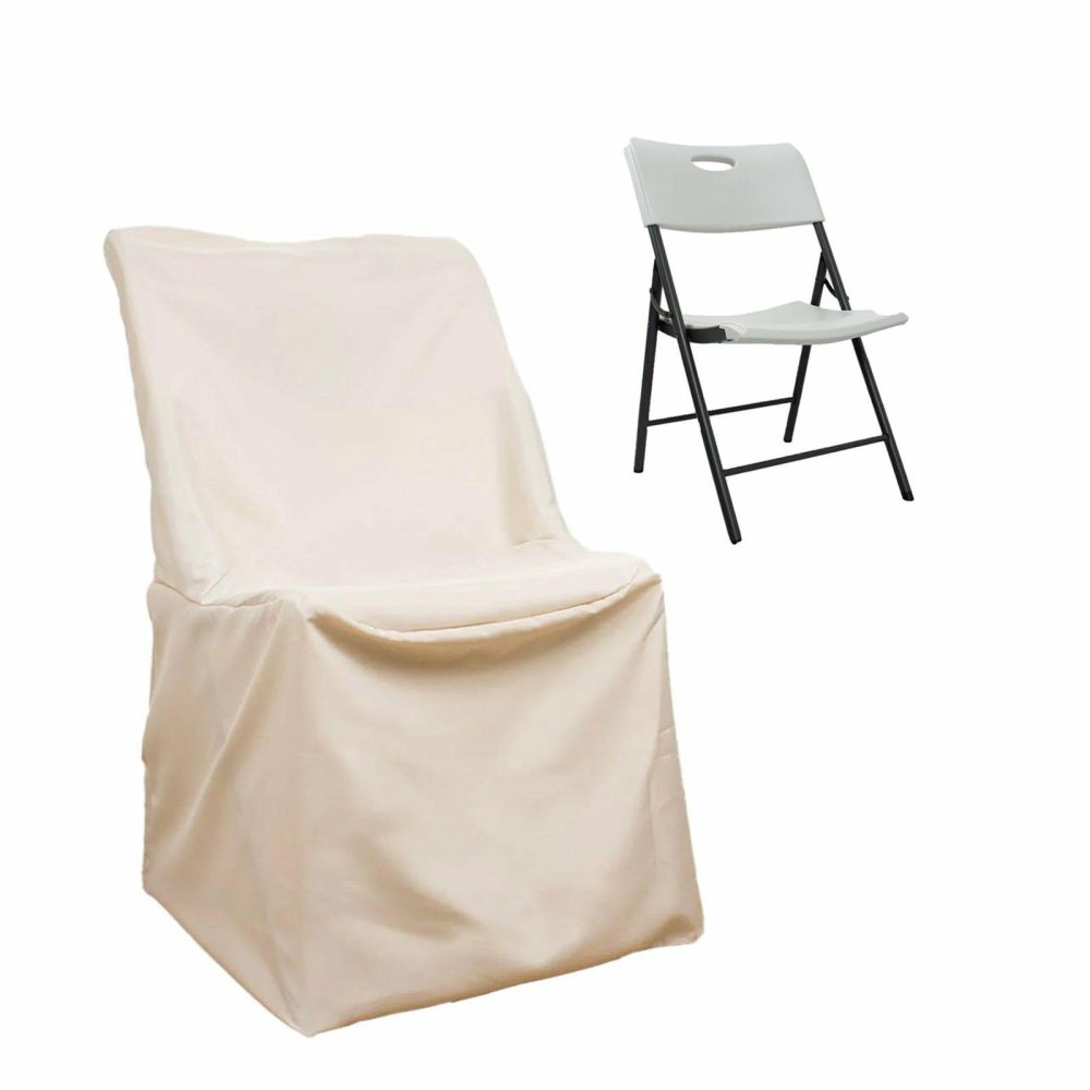 Beige Lifetime Polyester Reusable Folding Chair Cover, Durable Slip On Chair Cover  |   Polyester & Satin Folding Chair Covers Beige