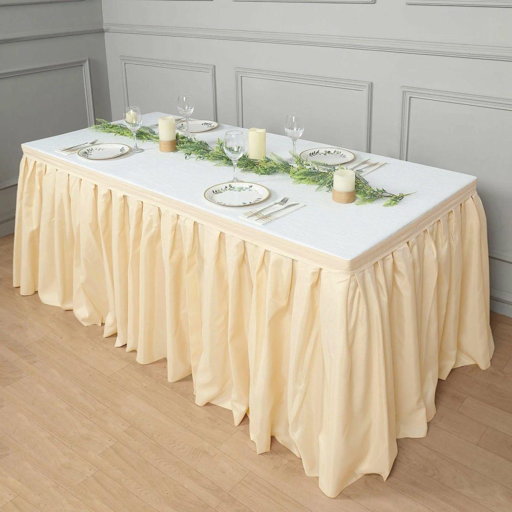 Beige Pleated Polyester Table Skirt, Banquet Folding Table Skirt 17ft  |   Polyester Polyester Beige