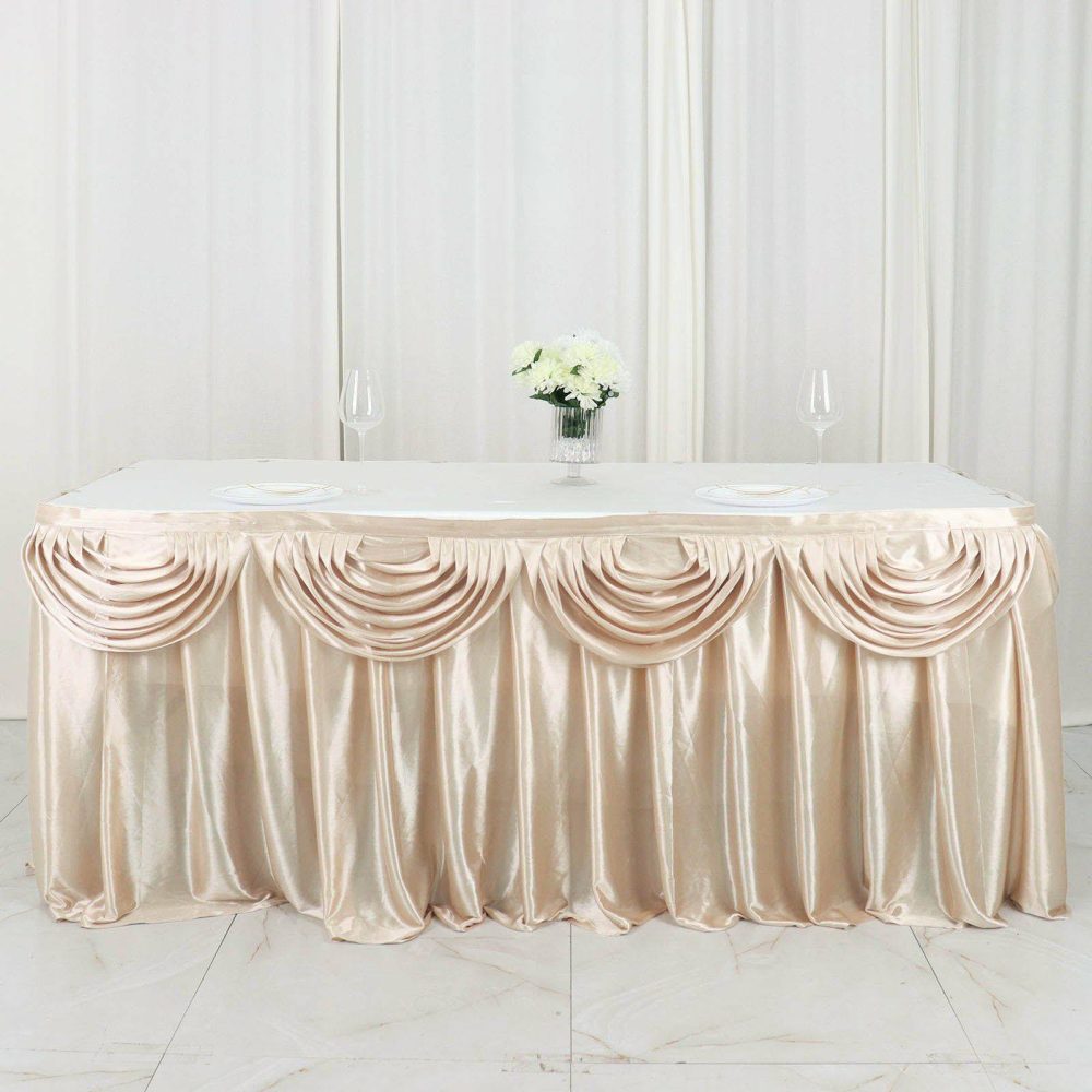 Beige Pleated Satin Double Drape Table Skirt 14ft  |   Satin Shimmer Satin Shimmer Beige