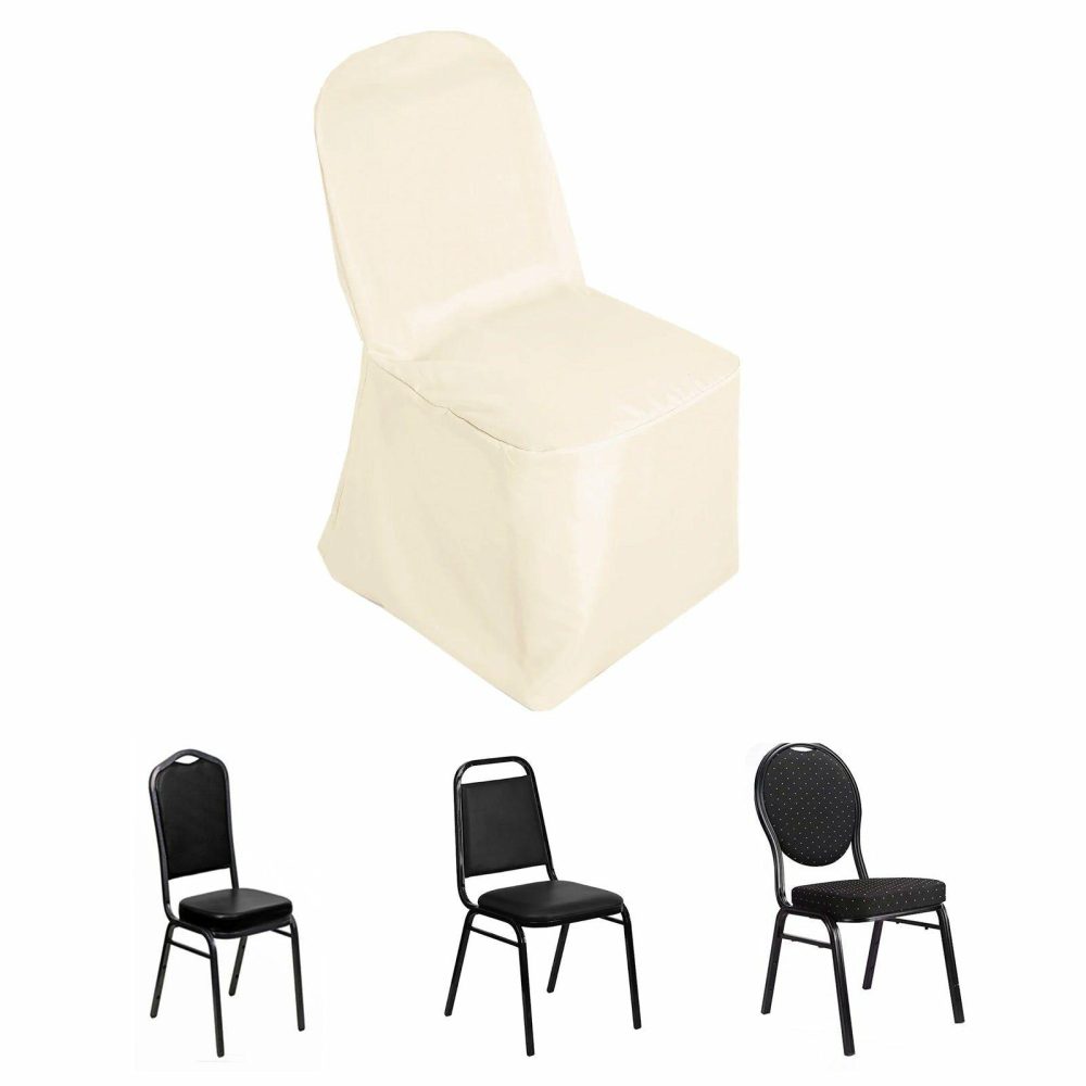 Beige Polyester Banquet Chair Cover, Reusable Stain Resistant Slip On Chair Cover  |   Polyester & Satin Banquet Chair Covers Beige