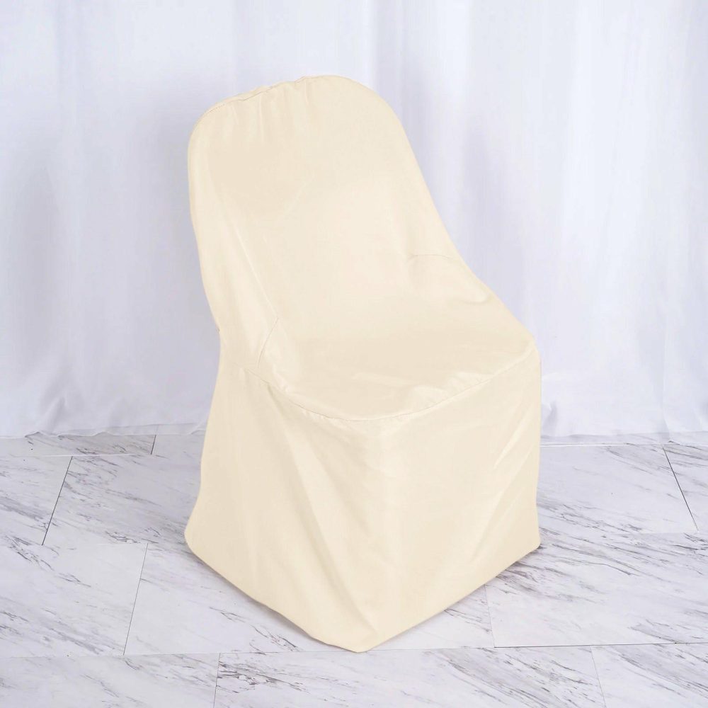 Beige Polyester Folding Chair Cover, Reusable Stain Resistant Slip On Chair Cover  |   Polyester & Satin Folding Chair Covers Beige