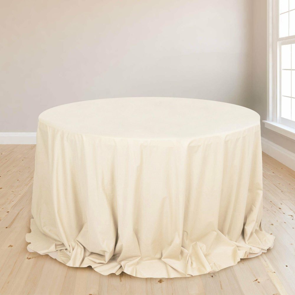 Beige Premium Scuba Round Tablecloth, Wrinkle Free Polyester Seamless Tablecloth 132″ for 6 Foot Table With Floor-Length Drop  |   Polyester Polyester Beige