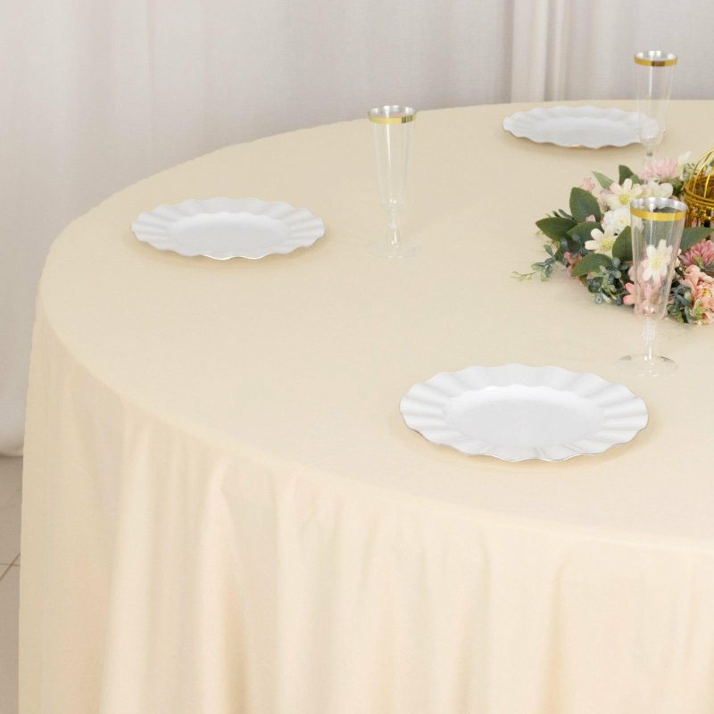 Beige Premium Scuba Round Tablecloth, Wrinkle Free Polyester Seamless Tablecloth 132″ for 6 Foot Table With Floor-Length Drop  |   Polyester Polyester Beige