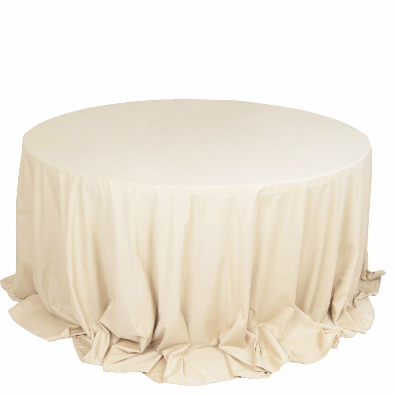 Beige Premium Scuba Round Tablecloth, Wrinkle Free Polyester Seamless Tablecloth 132″ for 6 Foot Table With Floor-Length Drop  |   Polyester Polyester Beige