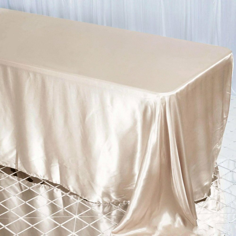 Beige Satin Seamless Rectangular Tablecloth 90″x132″ for 6 Foot Table With Floor-Length Drop  |   Satin Satin Beige