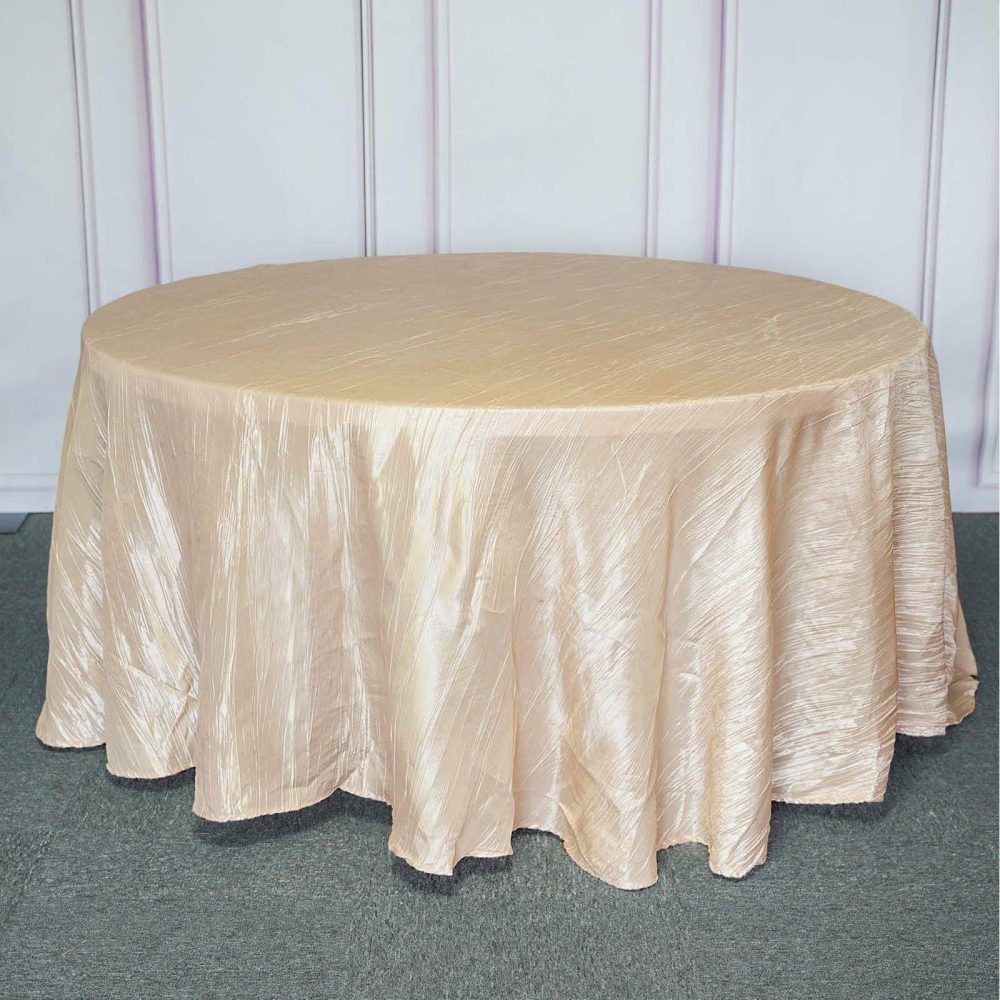 Beige Seamless Accordion Crinkle Taffeta Round Tablecloth 120″ for 5 Foot Table With Floor-Length Drop  |   Pintuck, Crinkle & Leaf Pintuck, Crinkle & Leaf Beige