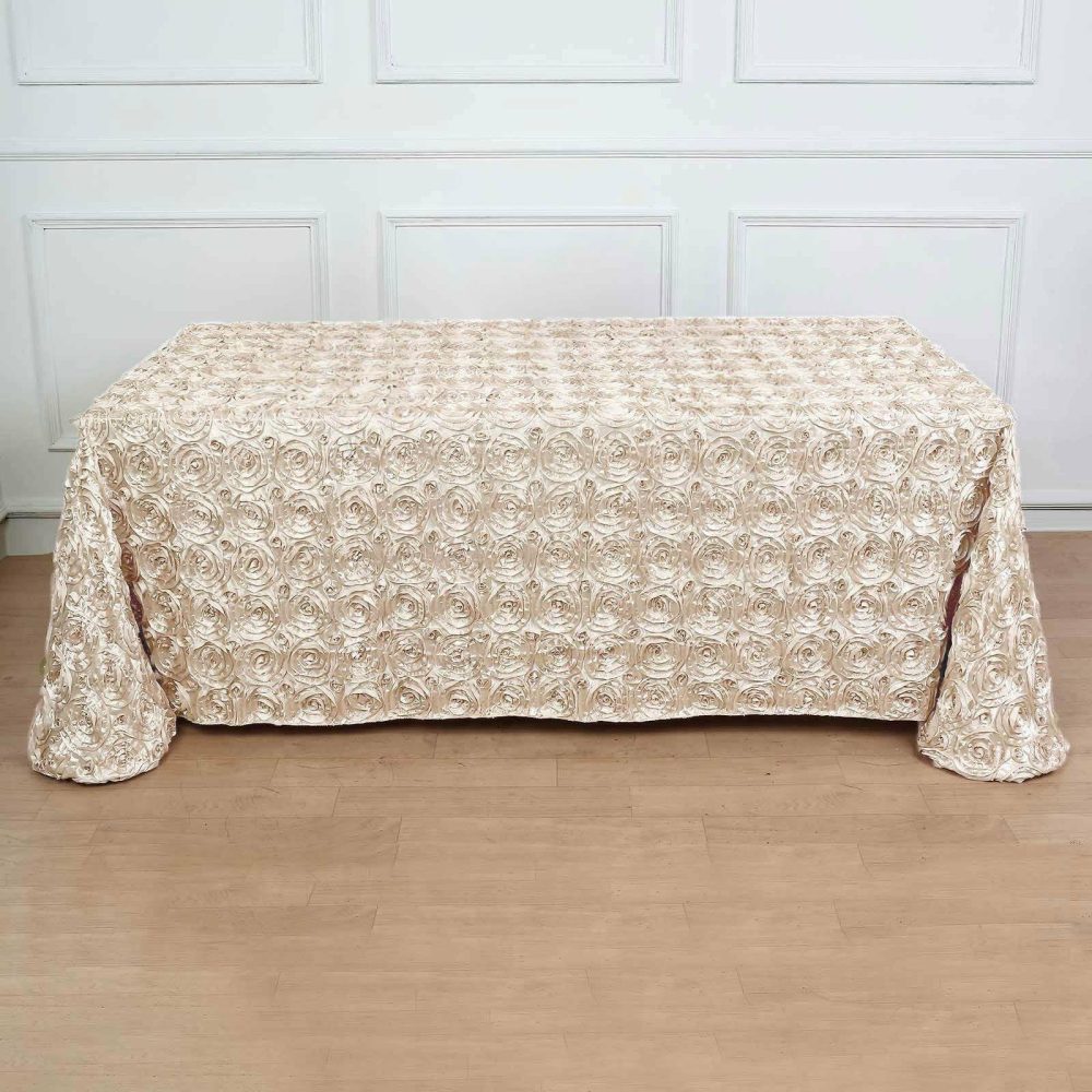 Beige Seamless Grandiose 3D Rosette Satin Rectangle Tablecloth 90″x132″ for 6 Foot Table With Floor-Length Drop  |   Rosette Rosette Beige