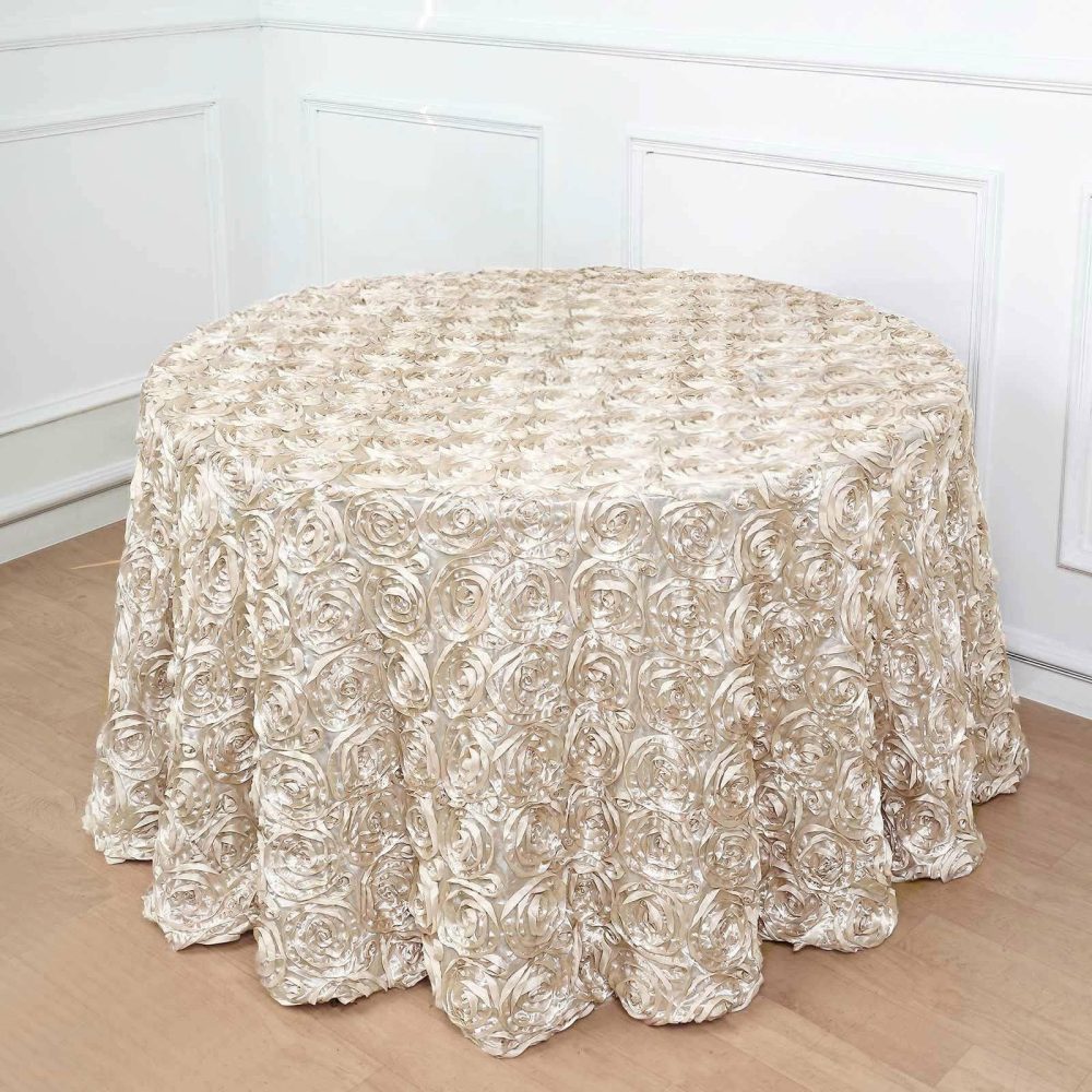 Beige Seamless Grandiose 3D Rosette Satin Round Tablecloth 120″ for 5 Foot Table With Floor-Length Drop  |   Rosette Rosette Beige