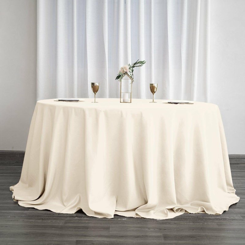 Beige Seamless Polyester Round Tablecloth 132″ for 6 Foot Table With Floor-Length Drop  |   Polyester Polyester Beige