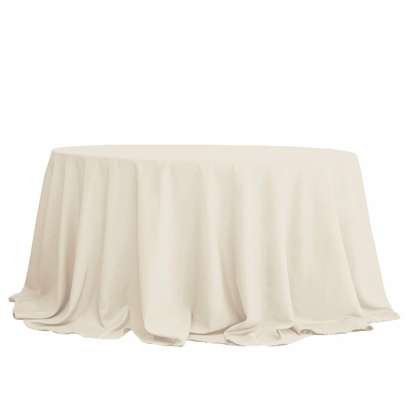 Beige Seamless Polyester Round Tablecloth 132″ for 6 Foot Table With Floor-Length Drop  |   Polyester Polyester Beige