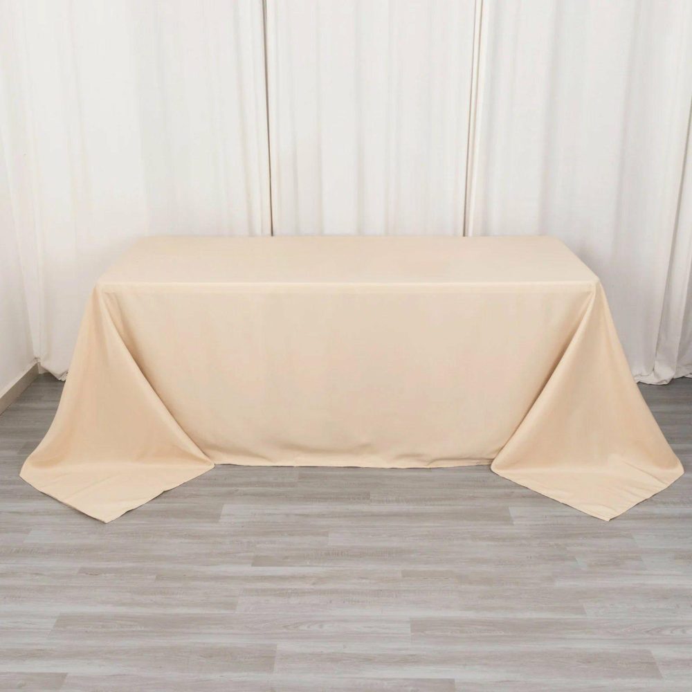 Beige Seamless Premium Polyester Rectangular Tablecloth 220GSM 90″x132″ for 6 Foot Table With Floor-Length Drop  |   Polyester Polyester Beige