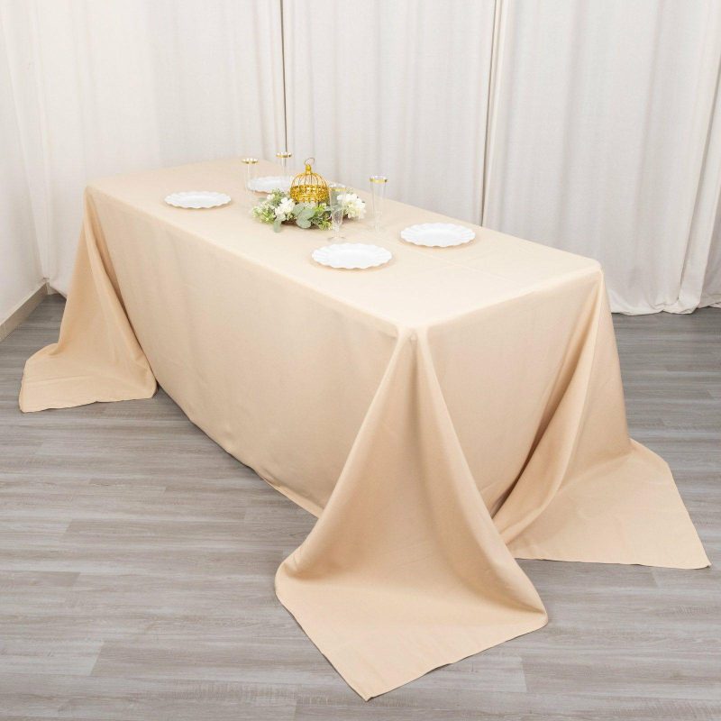 Beige Seamless Premium Polyester Rectangular Tablecloth 220GSM 90″x132″ for 6 Foot Table With Floor-Length Drop  |   Polyester Polyester Beige