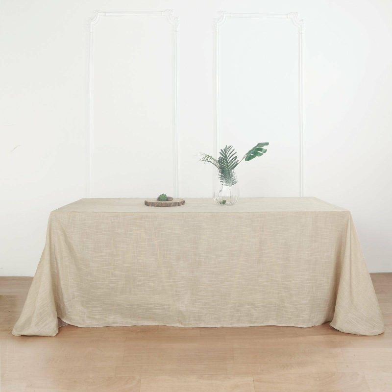 Beige Seamless Rectangular Tablecloth, Linen Table Cloth With Slubby Textured, Wrinkle Resistant 90″x156″ for 8 Foot Table With Floor-Length Drop  |   Jute Burlap & Lace Jute Burlap & Lace Beige