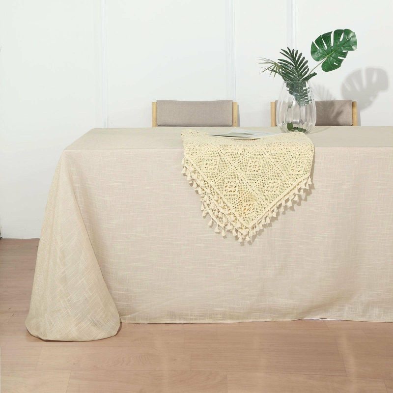 Beige Seamless Rectangular Tablecloth, Linen Table Cloth With Slubby Textured, Wrinkle Resistant 90″x156″ for 8 Foot Table With Floor-Length Drop  |   Jute Burlap & Lace Jute Burlap & Lace Beige