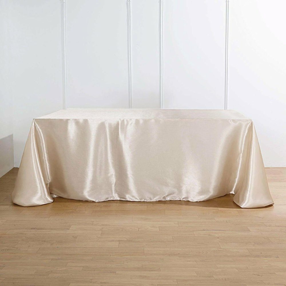 Beige Seamless Satin Rectangular Tablecloth 90″x156″ for 8 Foot Table With Floor-Length Drop  |   Satin Satin Beige