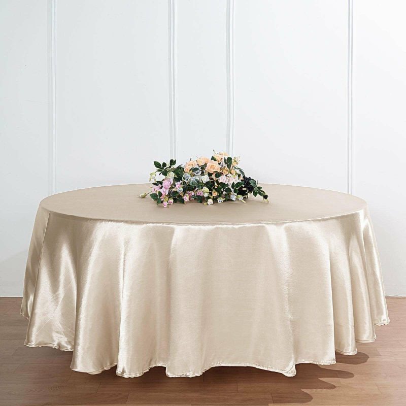 Beige Seamless Satin Round Tablecloth 108″  |   Satin Satin Beige