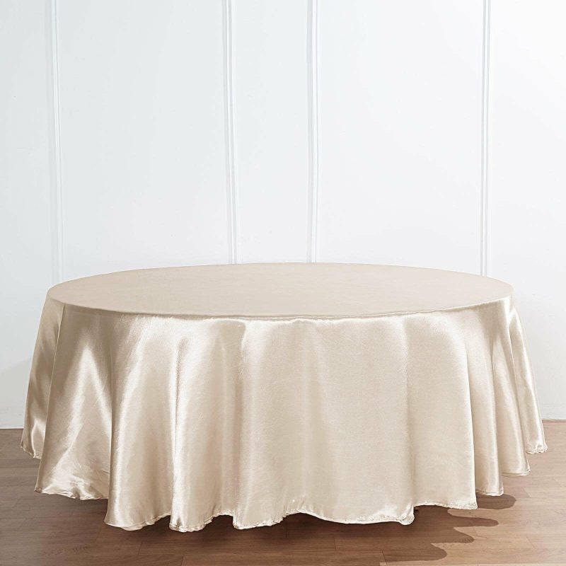 Beige Seamless Satin Round Tablecloth 108″  |   Satin Satin Beige