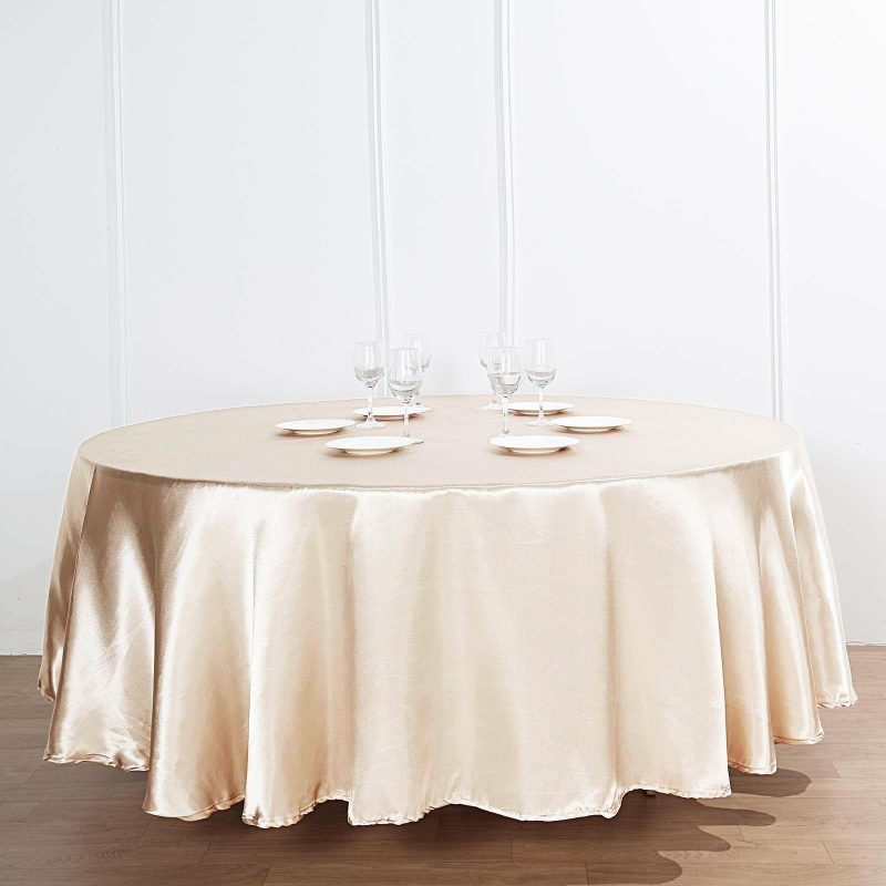 Beige Seamless Satin Round Tablecloth 120″ for 5 Foot Table With Floor-Length Drop  |   Satin Satin Beige