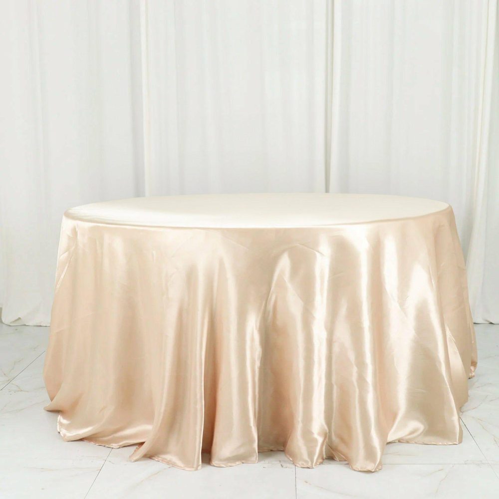 Beige Seamless Satin Round Tablecloth 132″ for 6 Foot Table With Floor-Length Drop  |   Satin Satin Beige