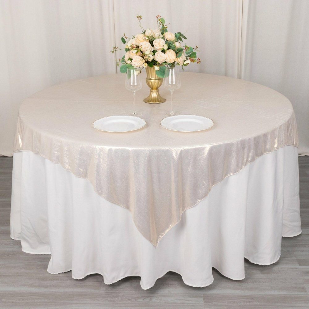 Beige Shimmer Sequin Dots Square Polyester Table Overlay, Wrinkle Free Sparkle Glitter Table Topper 72″x72″  |   Sparkly Shimmer Sparkly Shimmer Beige