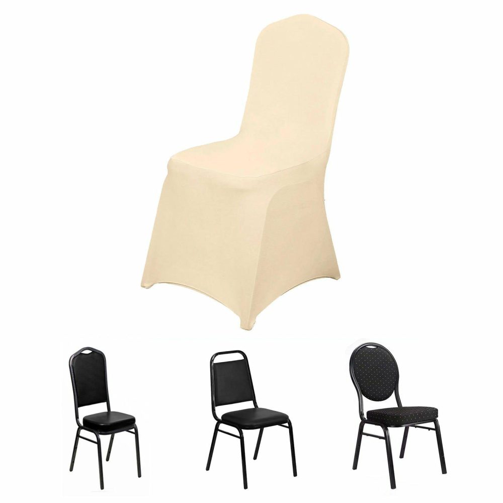 Beige Spandex Stretch Fitted Banquet Slip On Chair Cover 160 GSM  |   Spandex Fitted Banquet Chair Covers Beige