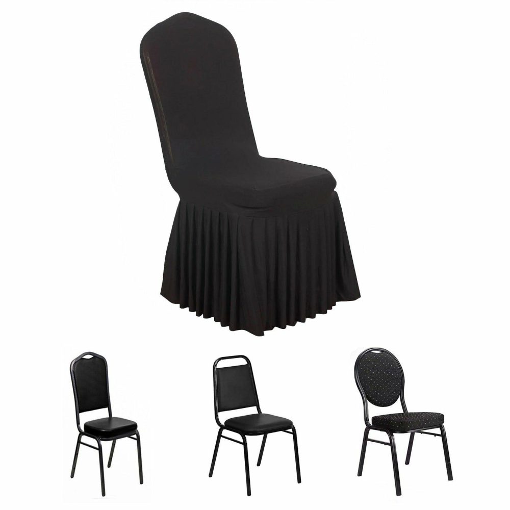 Black 1-Piece Spandex Fitted Ruffle Pleated Skirt Banquet Slip On Chair Cover  |   Spandex Fitted Banquet Chair Covers Black