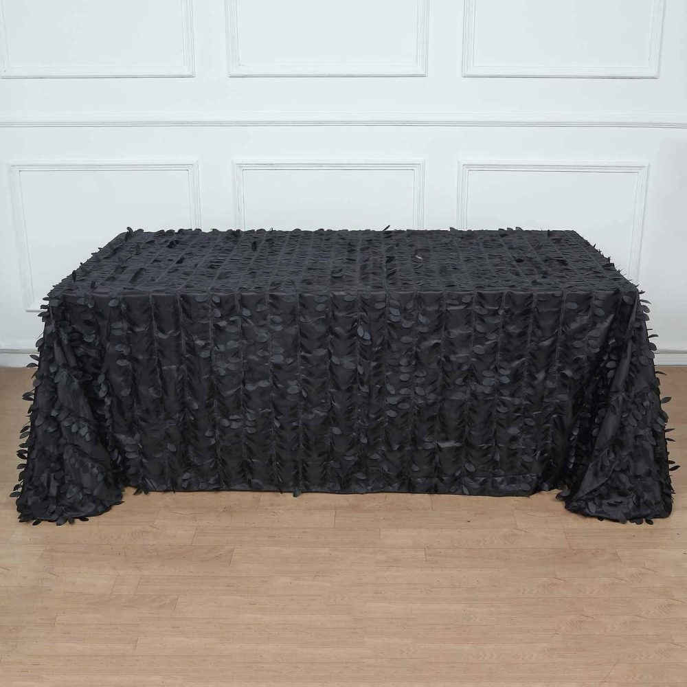 Black 3D Leaf Petal Taffeta Fabric Seamless Rectangle Tablecloth 90″x132″ for 6 Foot Table With Floor-Length Drop  |   Pintuck, Crinkle & Leaf Pintuck, Crinkle & Leaf Black