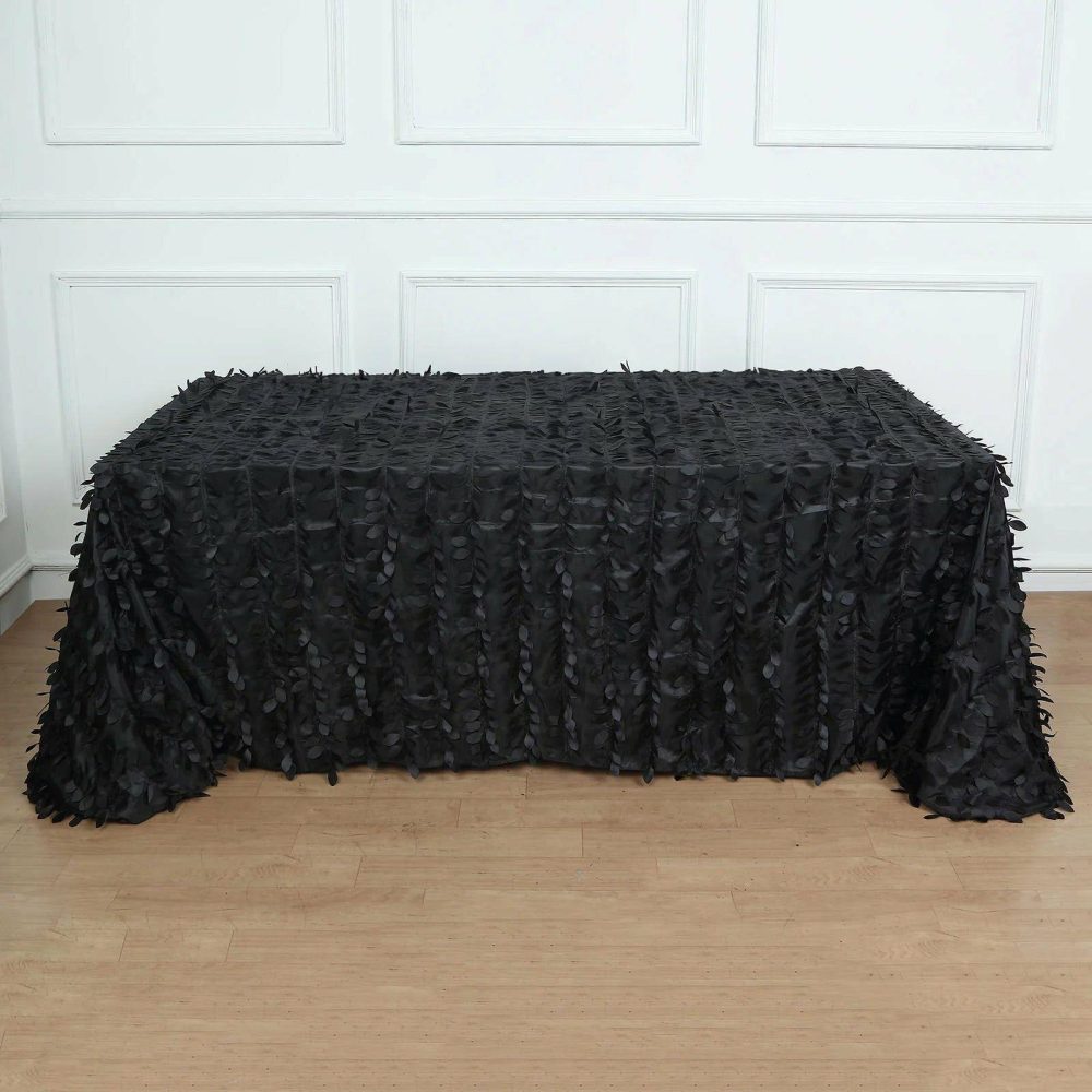 Black 3D Leaf Petal Taffeta Fabric Seamless Rectangle Tablecloth 90″x156″ for 8 Foot Table With Floor-Length Drop  |   Pintuck, Crinkle & Leaf Pintuck, Crinkle & Leaf Black