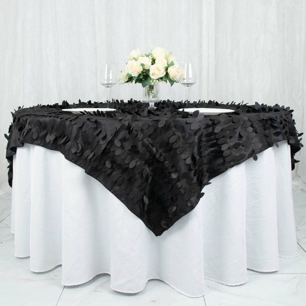 Black 3D Leaf Petal Taffeta Fabric Table Overlay 72″x72″  |   Satin & Taffeta Satin & Taffeta Black