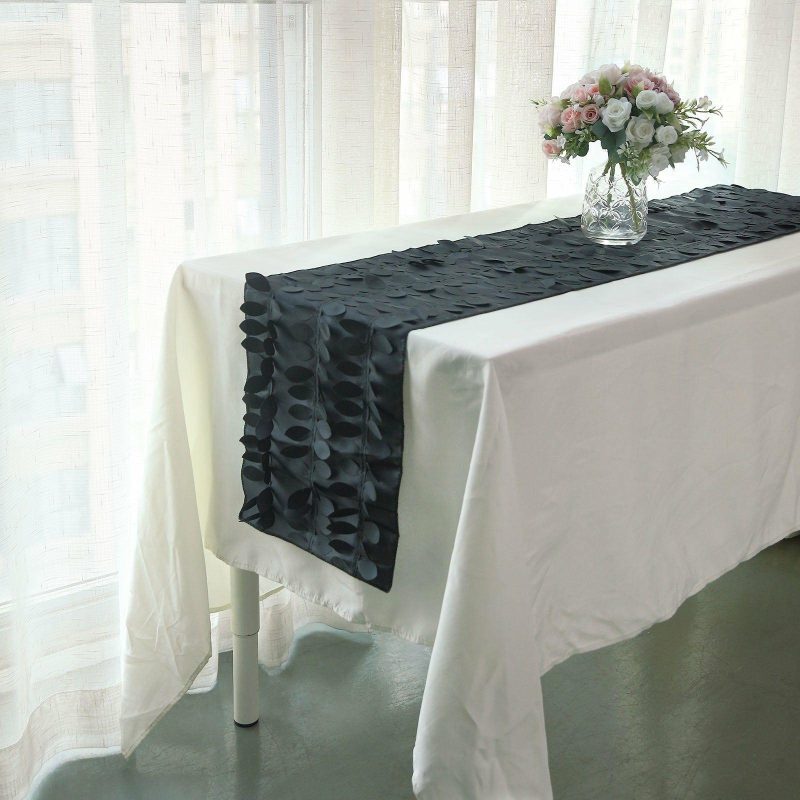 Black 3D Leaf Petal Taffeta Fabric Table Runner 12″x108″  |   Stylish Stylish Black