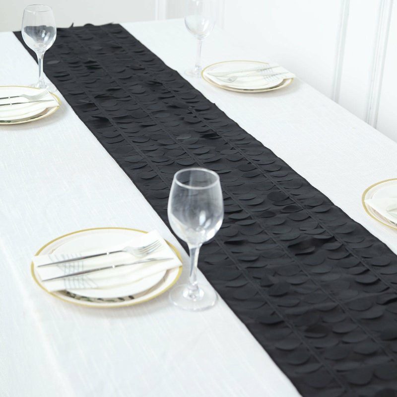 Black 3D Leaf Petal Taffeta Fabric Table Runner 12″x108″  |   Stylish Stylish Black