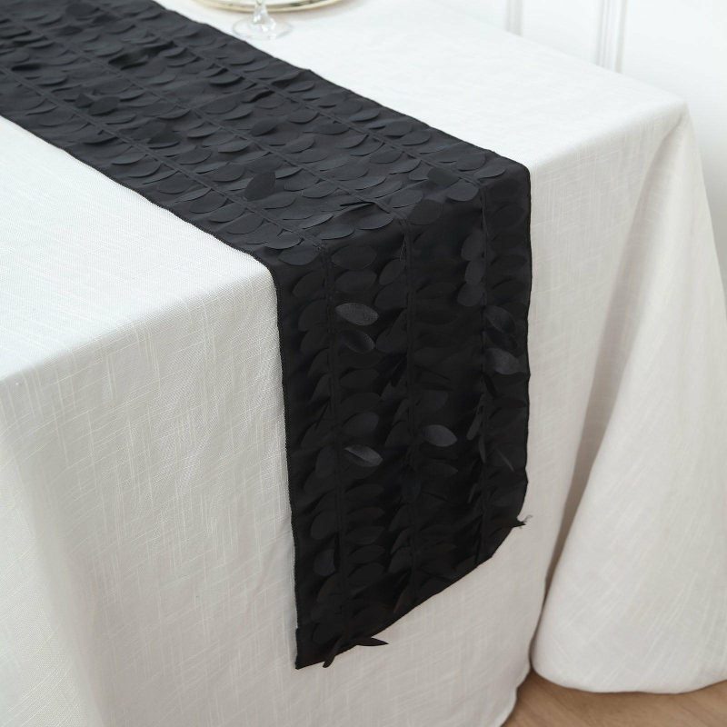 Black 3D Leaf Petal Taffeta Fabric Table Runner 12″x108″  |   Stylish Stylish Black