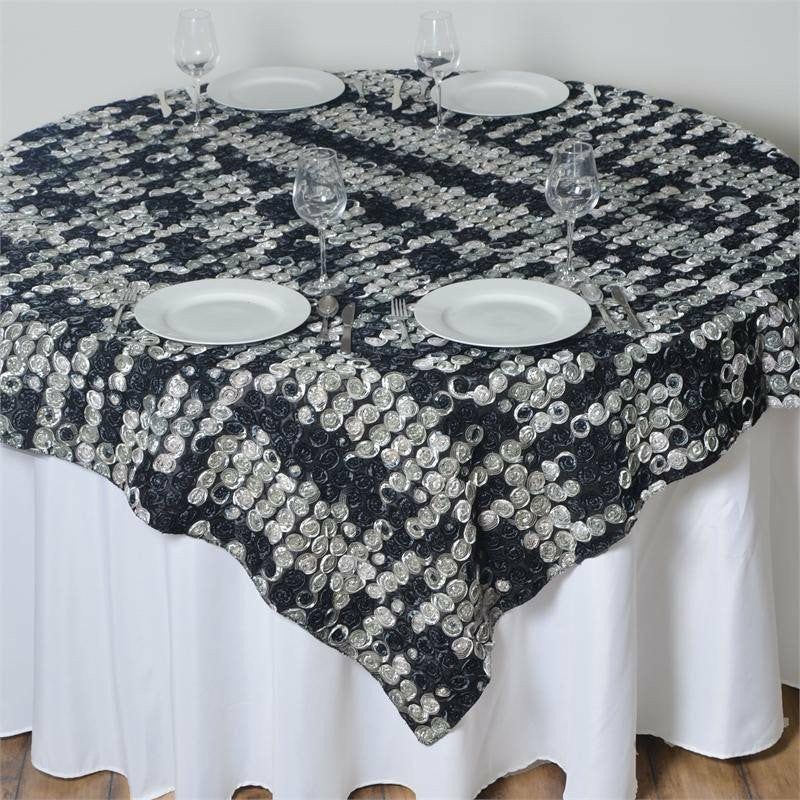 Black 3D Mini Rosette Satin Square Table Overlay 72″x72″  |   Satin & Taffeta Satin & Taffeta Black