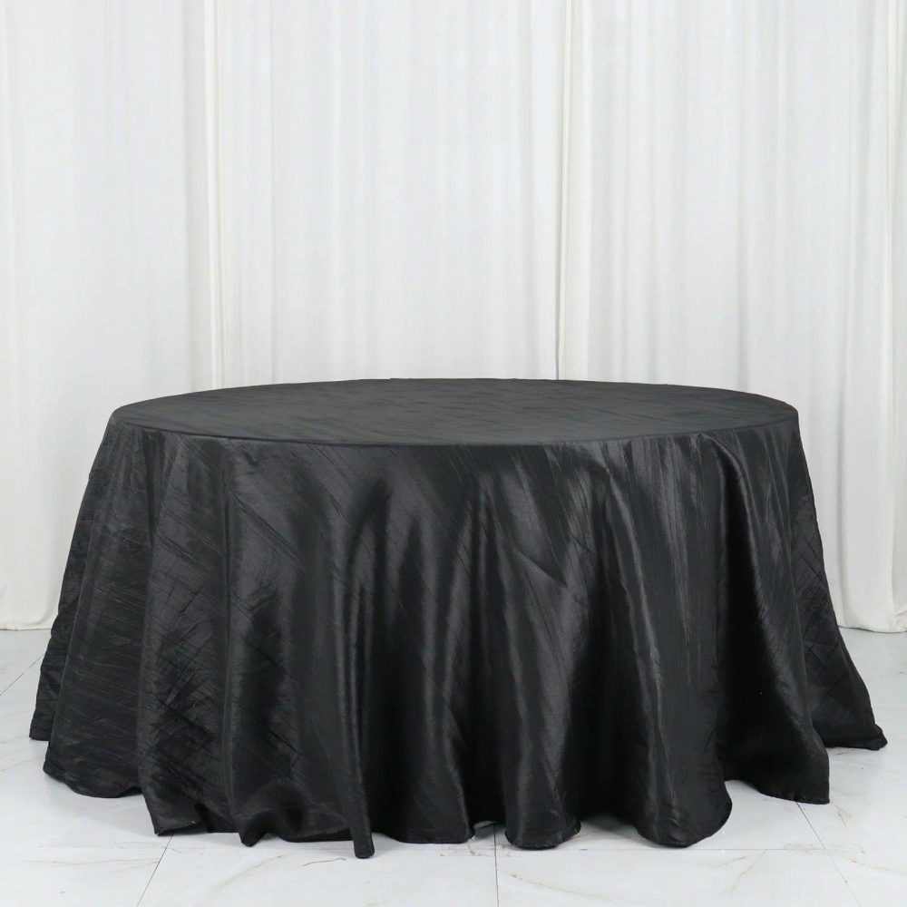 Black Accordion Crinkle Taffeta Seamless Round Tablecloth 132″ for 6 Foot Table With Floor-Length Drop  |   Pintuck, Crinkle & Leaf Pintuck, Crinkle & Leaf Black