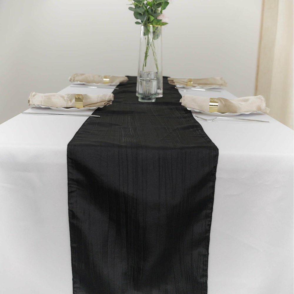 Black Accordion Crinkle Taffeta Table Runner, Elegant Linen Runner 12″x108″  |   Satin & Taffeta Satin & Taffeta Black