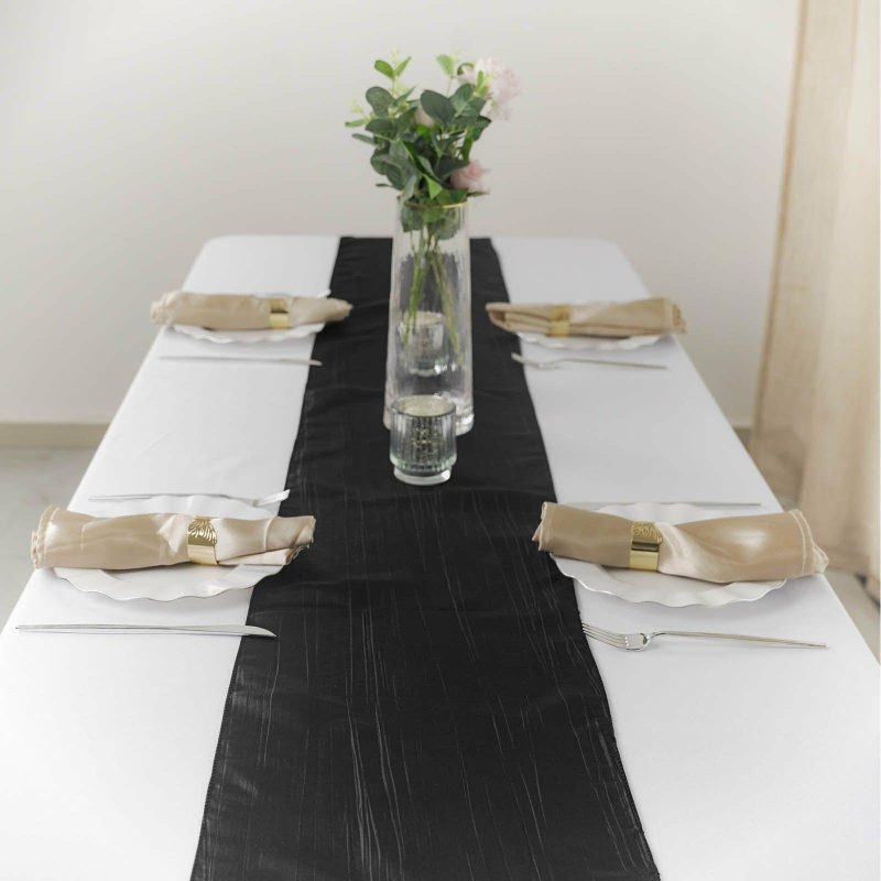 Black Accordion Crinkle Taffeta Table Runner, Elegant Linen Runner 12″x108″  |   Satin & Taffeta Satin & Taffeta Black