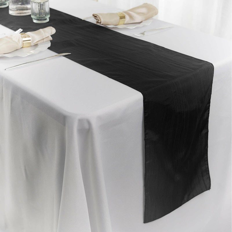 Black Accordion Crinkle Taffeta Table Runner, Elegant Linen Runner 12″x108″  |   Satin & Taffeta Satin & Taffeta Black