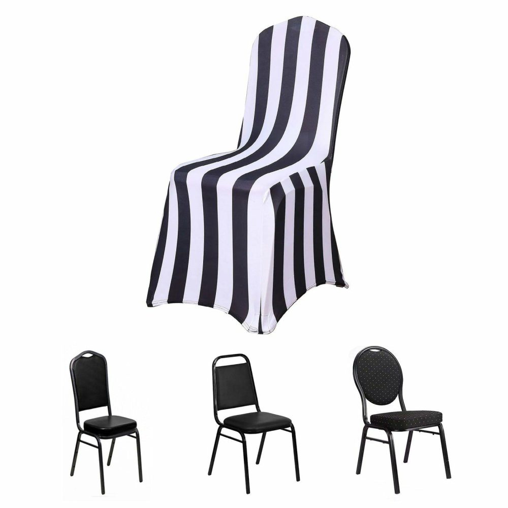 Black and White Striped Spandex Stretch Fitted Banquet Chair Cover With Foot Pockets 160 GSM 2″  |   Spandex Fitted Banquet Chair Covers Black/White Large Stripes