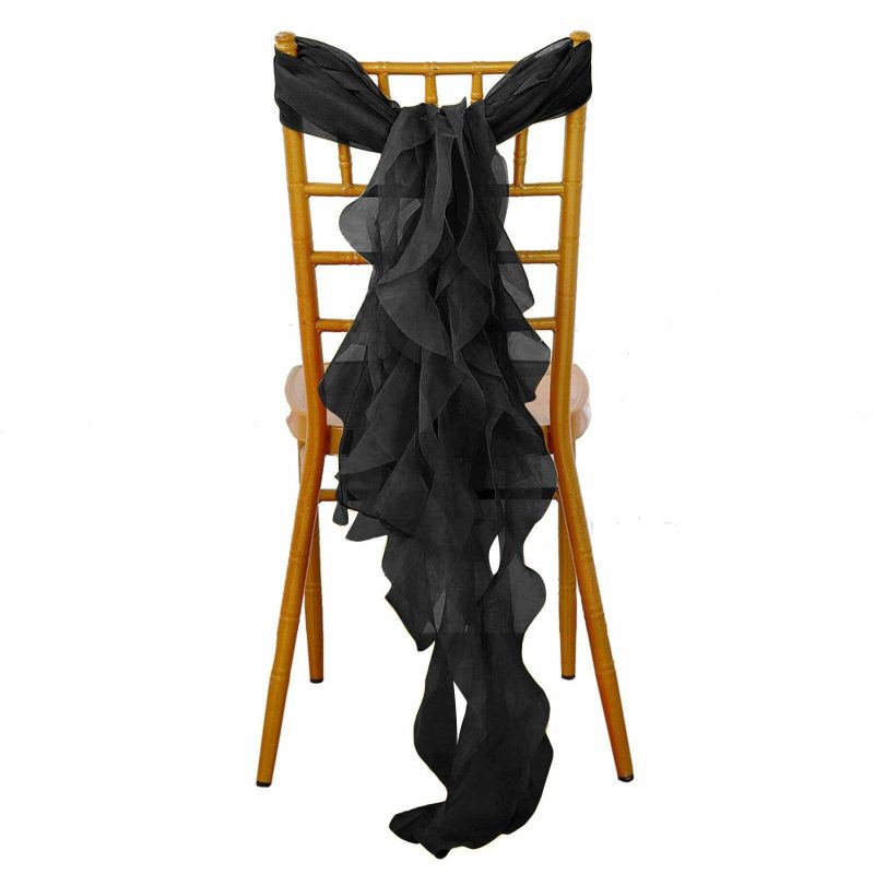 Black Chiffon Curly Chair Sash  |   Organza & Chiffon Chair Sashes Black