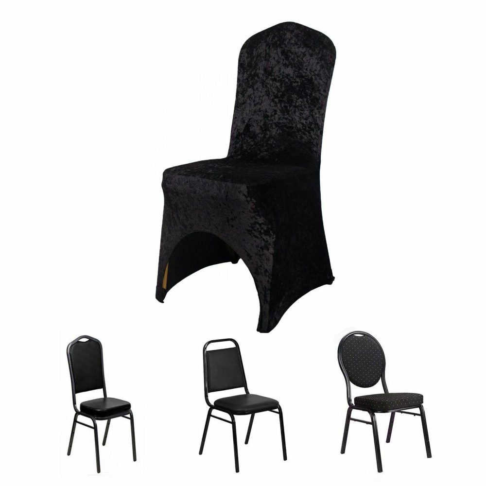 Black Crushed Velvet Spandex Stretch Banquet Chair Cover With Foot Pockets, Fitted Wedding Chair Cover 190 GSM  |   Spandex Fitted Banquet Chair Covers Black