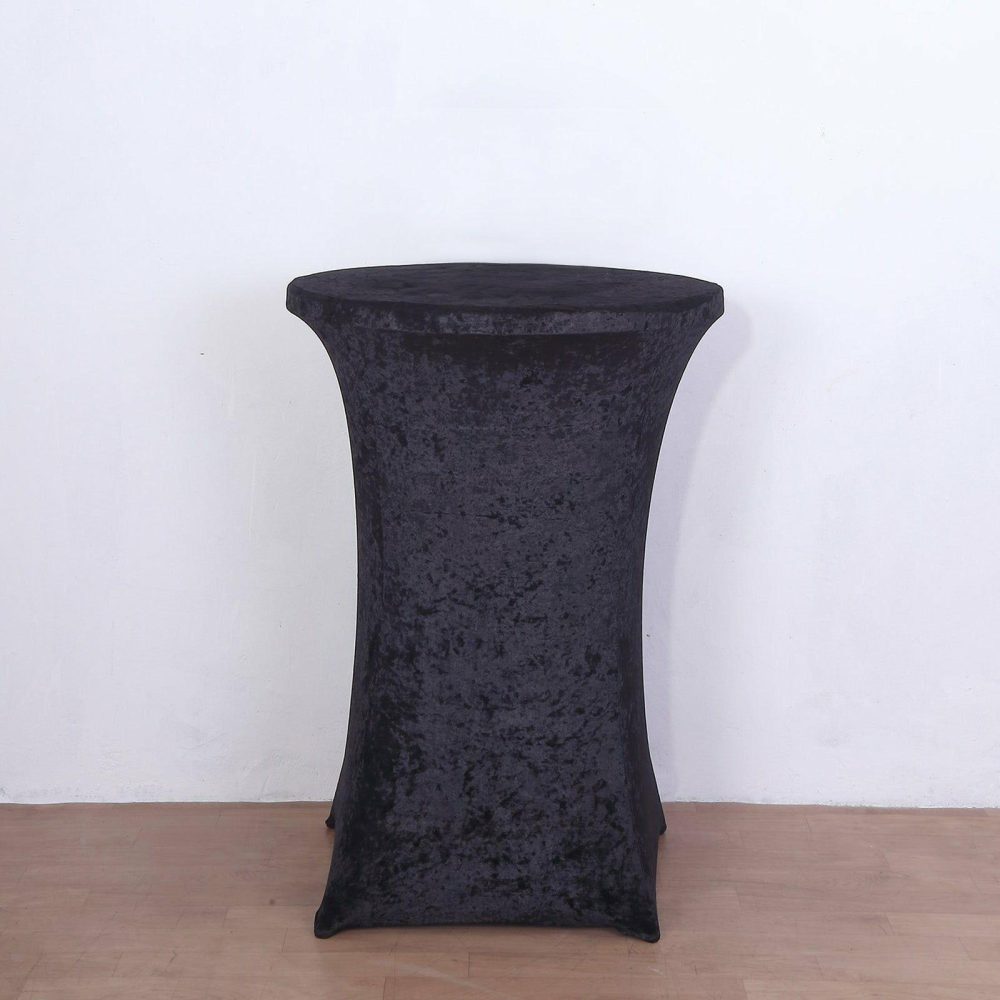 Black Crushed Velvet Stretch Fitted Round Highboy Cocktail Table Cover  |   Spandex & Fitted Spandex & Fitted Black