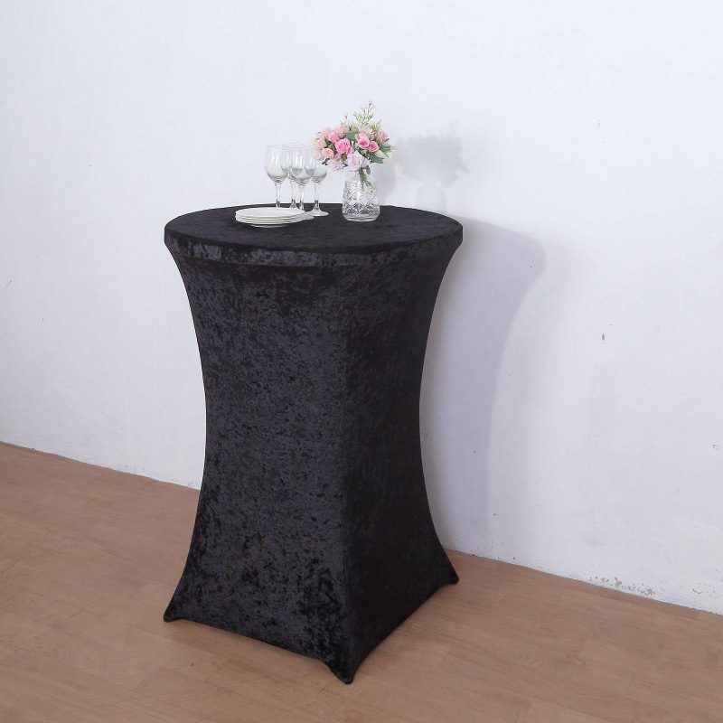 Black Crushed Velvet Stretch Fitted Round Highboy Cocktail Table Cover  |   Spandex & Fitted Spandex & Fitted Black