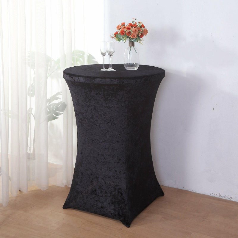 Black Crushed Velvet Stretch Fitted Round Highboy Cocktail Table Cover  |   Spandex & Fitted Spandex & Fitted Black