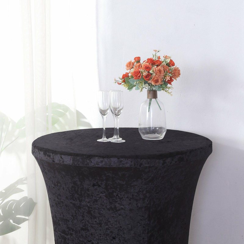 Black Crushed Velvet Stretch Fitted Round Highboy Cocktail Table Cover  |   Spandex & Fitted Spandex & Fitted Black