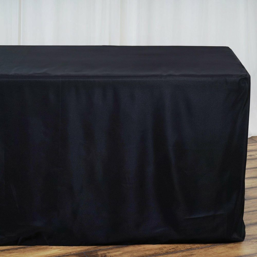 Black Fitted Polyester Rectangle Tablecloth 8ft Table Cover For 96″x30″ Tables  |   Spandex & Fitted Spandex & Fitted Black