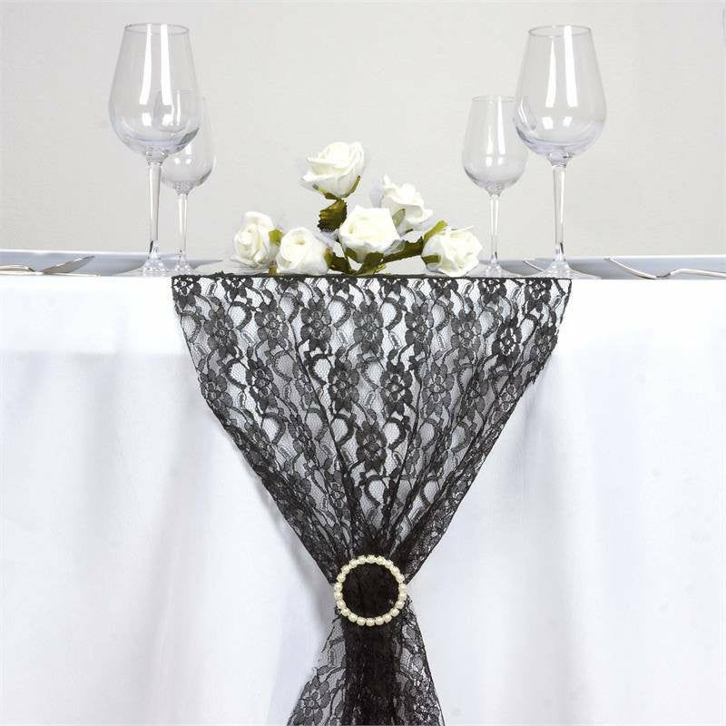 Black Floral Lace Table Runner 12″x108″  |   Jute Burlap & Lace Jute Burlap & Lace Black